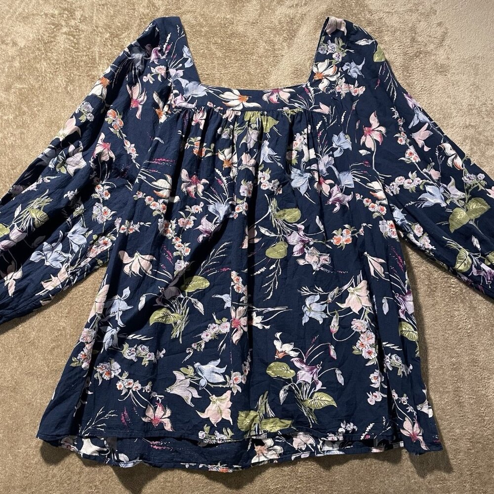 Terra & Sky Shirt Women's 2X Plus Square Neck Navy Blue Floral Tunic Blouse Top